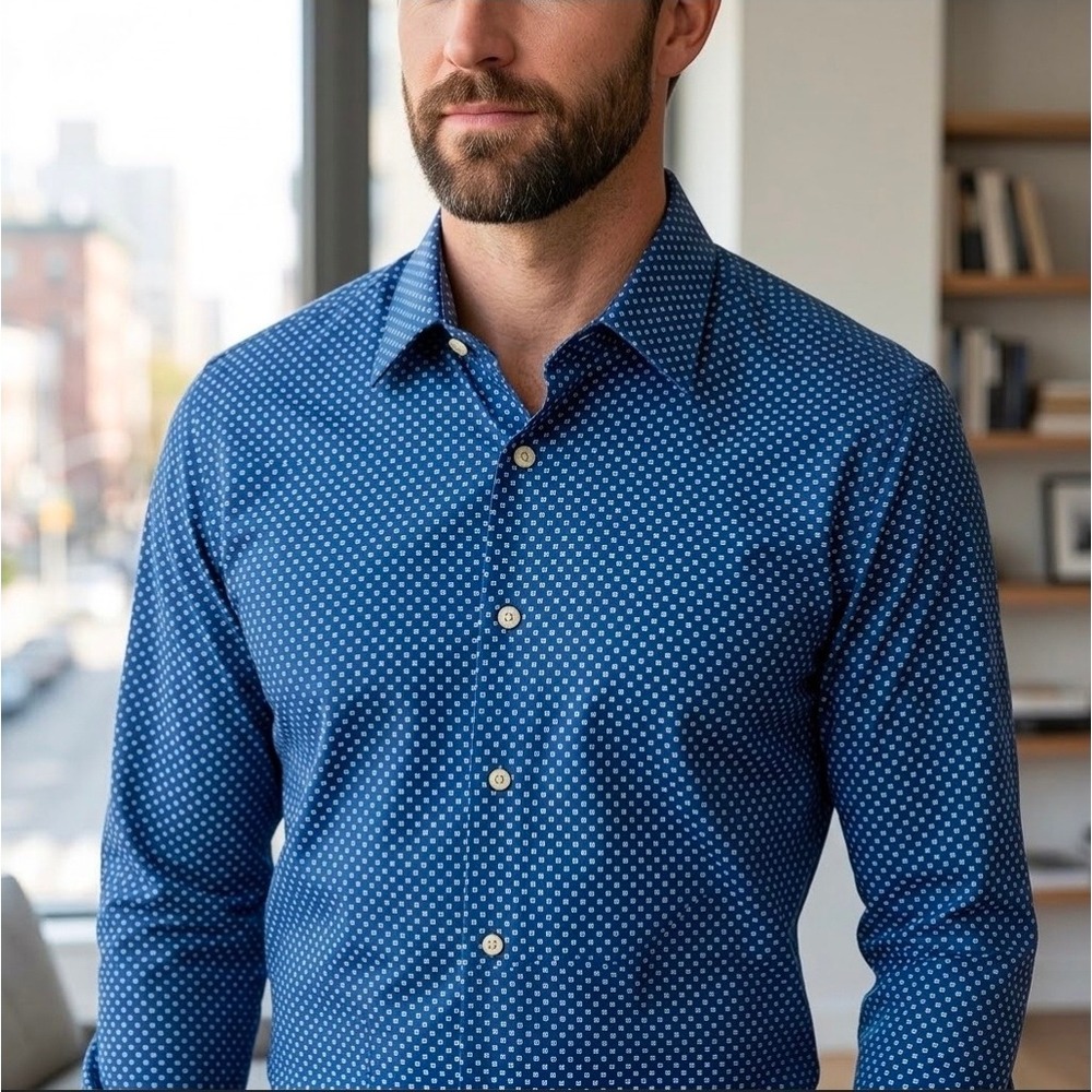 Haggar Smart Wash Performance Slim Dress Shirt Blue Geometric 17-17.5 32/33 New